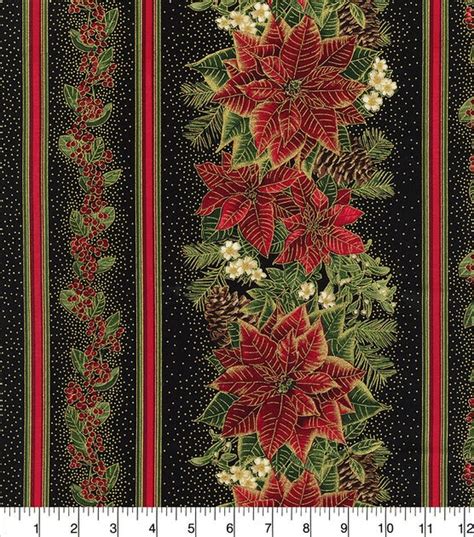 Red Spice Poinsettia Stripes Christmas Metallic Cotton Fabric